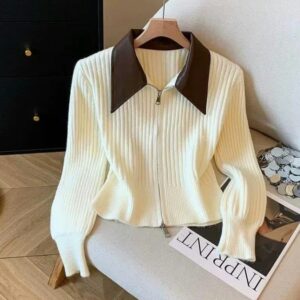 Cream Ribbed Zip jacket