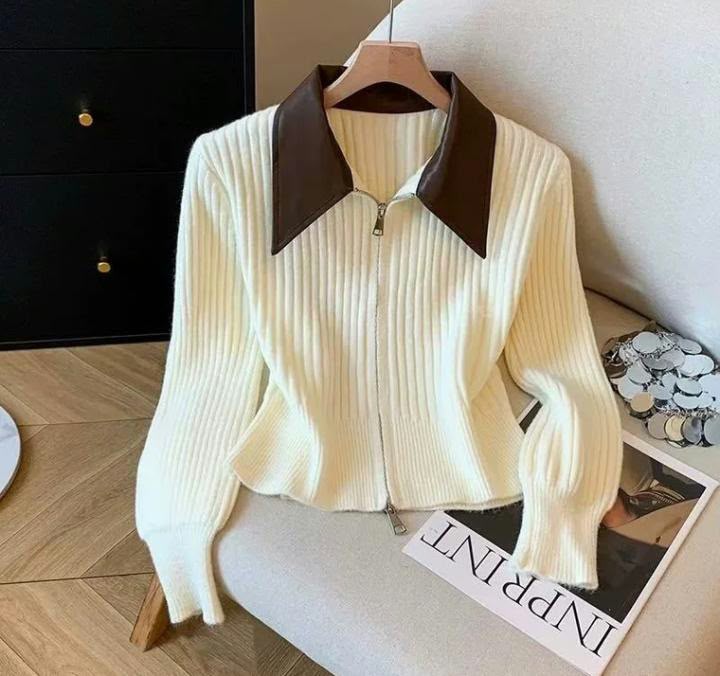 Cream Ribbed Zip jacket
