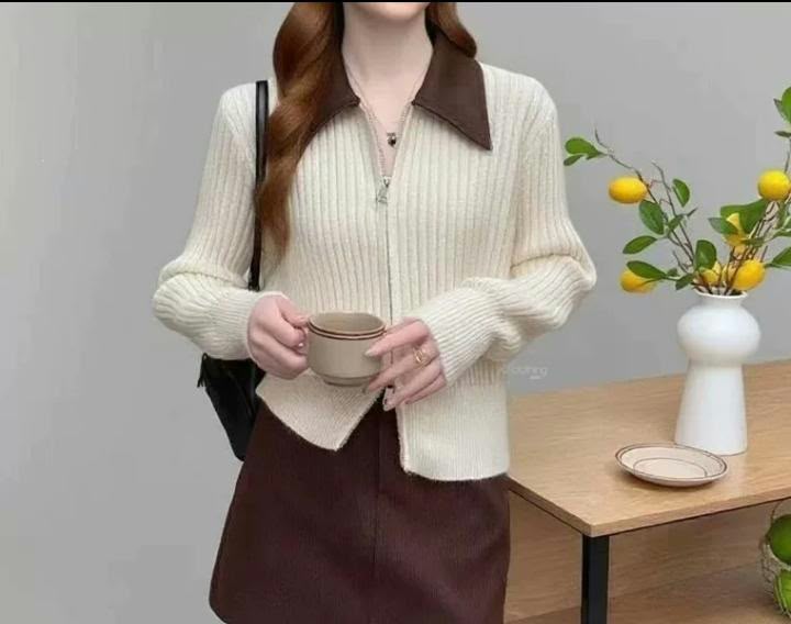 Cream Ribbed Zip jacket - Image 2