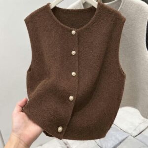 Brown Knit Button Vest