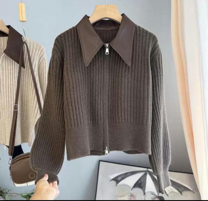 Brown Ribbed Zip Jacket - Image 2