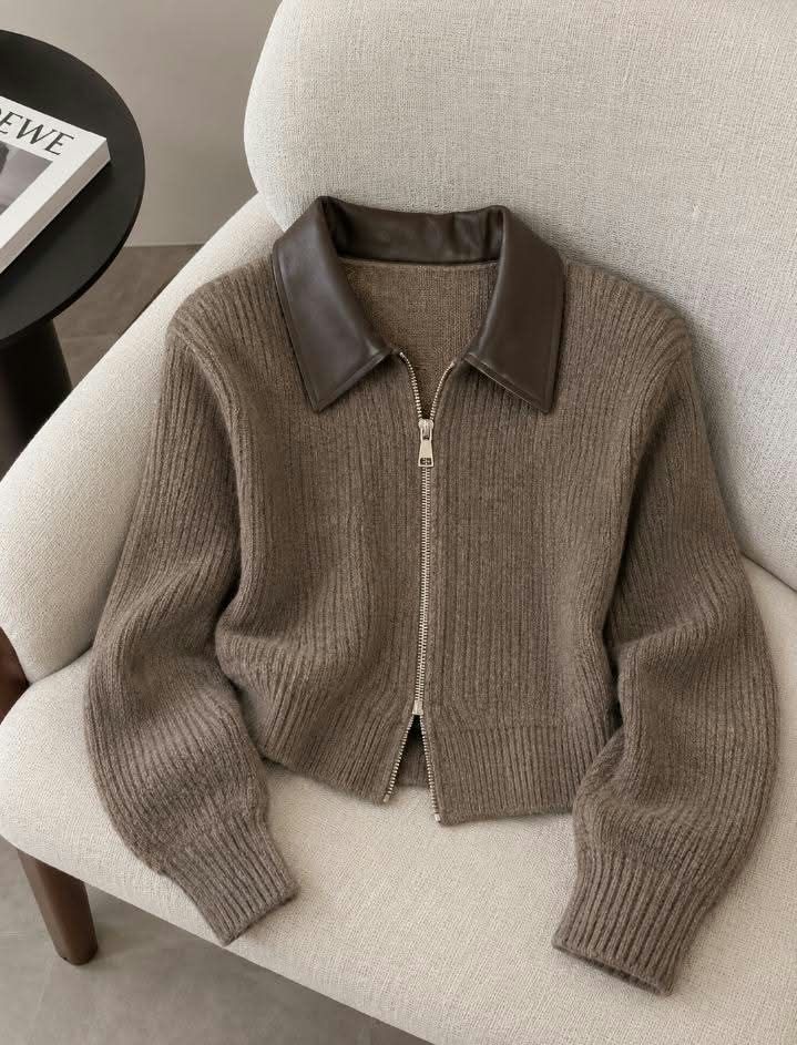 Brown Ribbed Zip Jacket