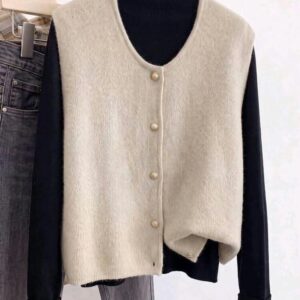 Beige Knit Button-Front