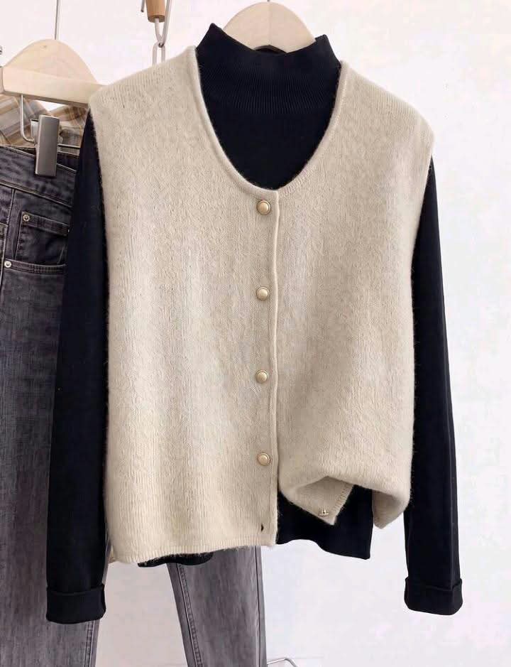 Beige Knit Button-Front